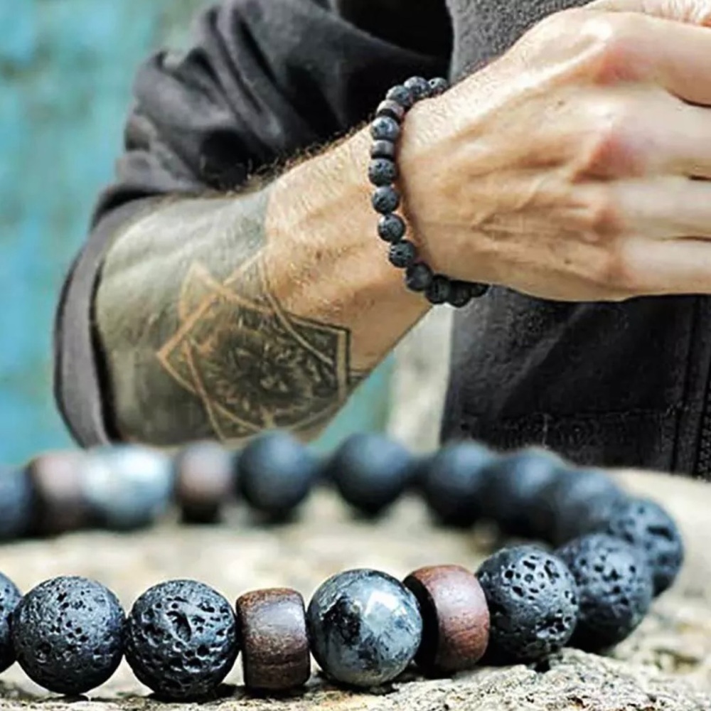 Volcanic Stone Bracelet for Men Lava Wooden 8mm Beads Bracelet T